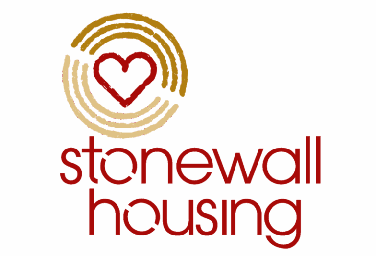 Stonewall housing logo. There is a red heart inside a gold circle.