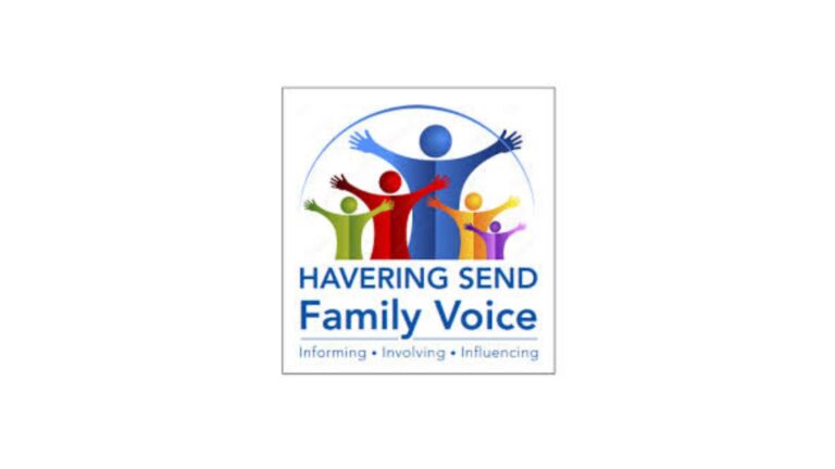 Havering SEND Family Voice logo with five cartoon human figures raising their arms. Includes the tagline 'informing, involving, influencing'.
