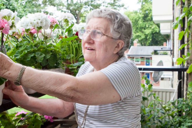 An older lady reaches up to her flower boxes. She is on a balcony with lots of plants around her.
