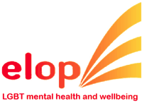 Logo for ELOP, an LGBT mental health and wellbeing organization. The word elop appears in bold red letters, with four orange and yellow swooshes extending to the right. Text below reads: LGBT mental health and wellbeing.
