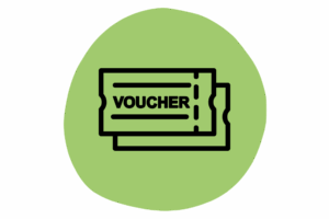 Icon of two overlapping tickets with the word VOUCHER on the front ticket, displayed on a light green circular background.