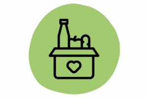 Line drawing of a box with a heart symbol, containing a bottle and food items, on a green circular background.