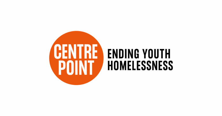 Logo for Centrepoint featuring an orange circle with Centre Point in bold white letters, and the black text Ending Youth Homelessness to the right on a white background.