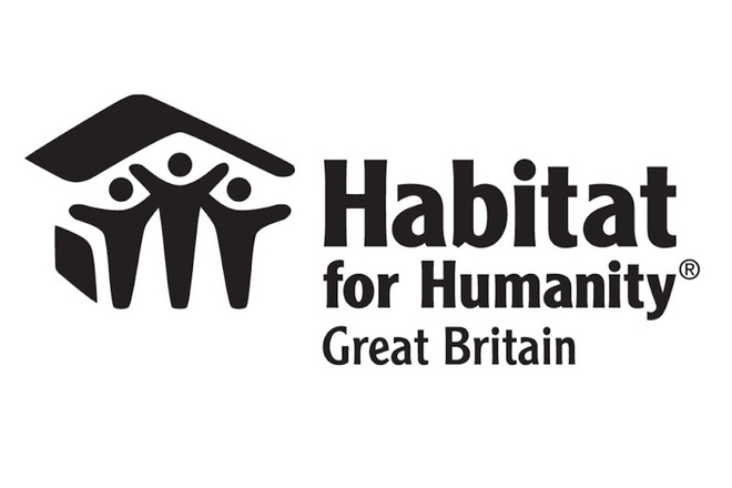Habitat for Humanity Great Britain logo featuring three stylized human figures with raised arms under a roof-like shape, alongside the organizations name in bold text.