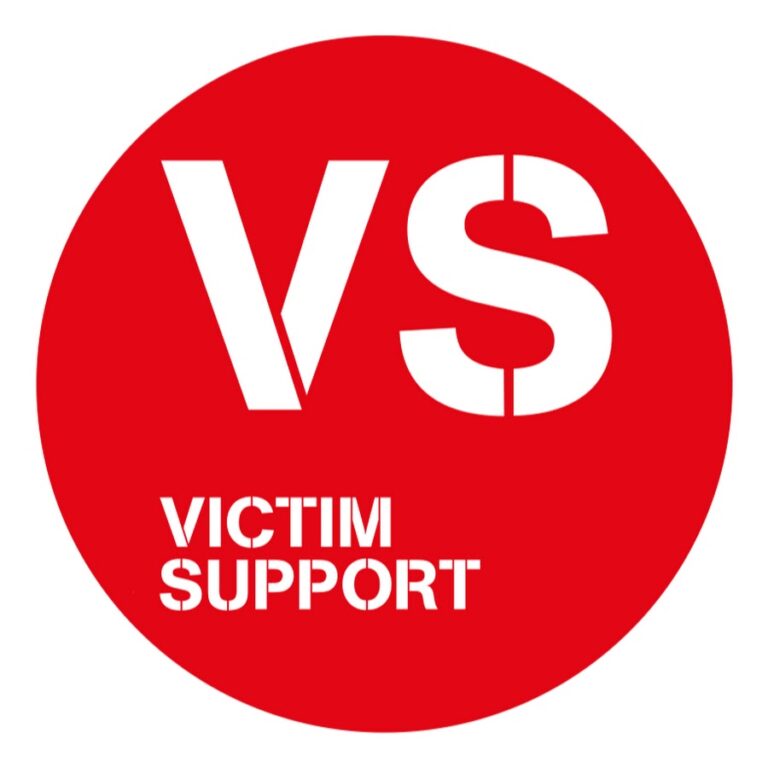 Red circle with VS - Victim Support written in white text in the middle.