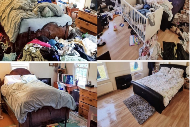 Images of clients' homes who are hoarding before and after using the Grant a Smile CIC service