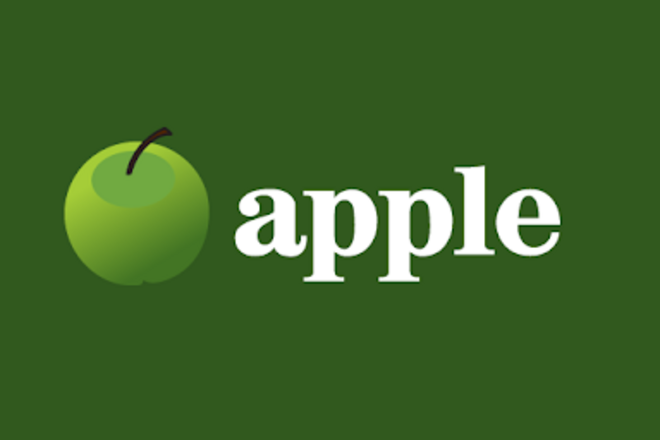 Cartoon image of a green apple on a darker green background