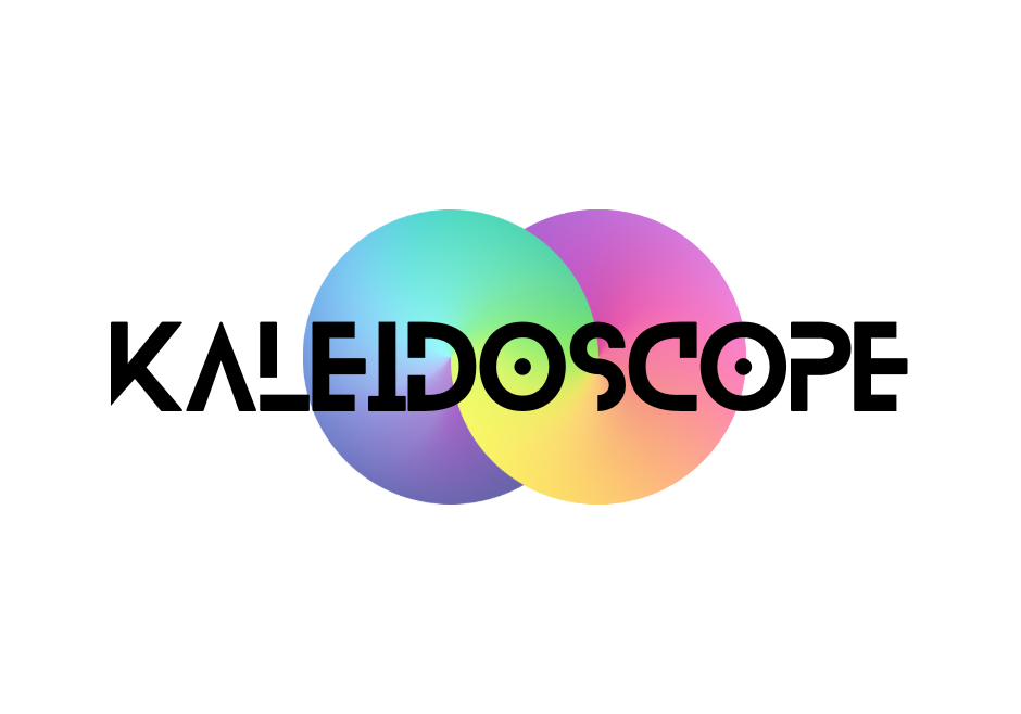 The word Kaleidoscope is written in bold, modern black font over two overlapping circles filled with a gradient of blue, green, purple, yellow, and pink on a light gray background.